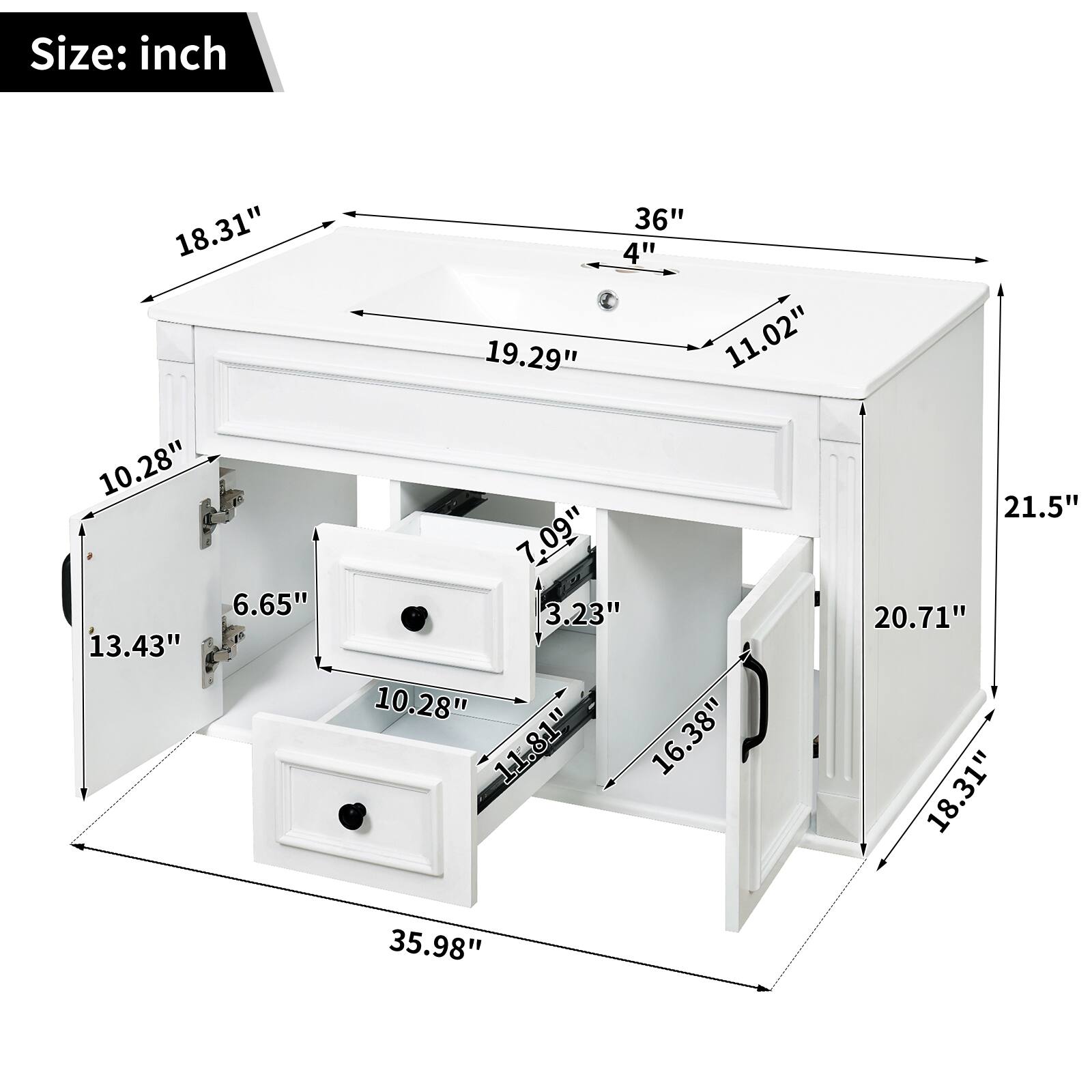 Size: inch  
18.31"  
10.28"  
6.65"  
13.43"  
36"  
4"  
19.29"  
11.02"  
7.09"  
3.23"  
10.28"  
11.81"  
16.38"  
21.5"  
20.71"  
18.31"  
35.98"