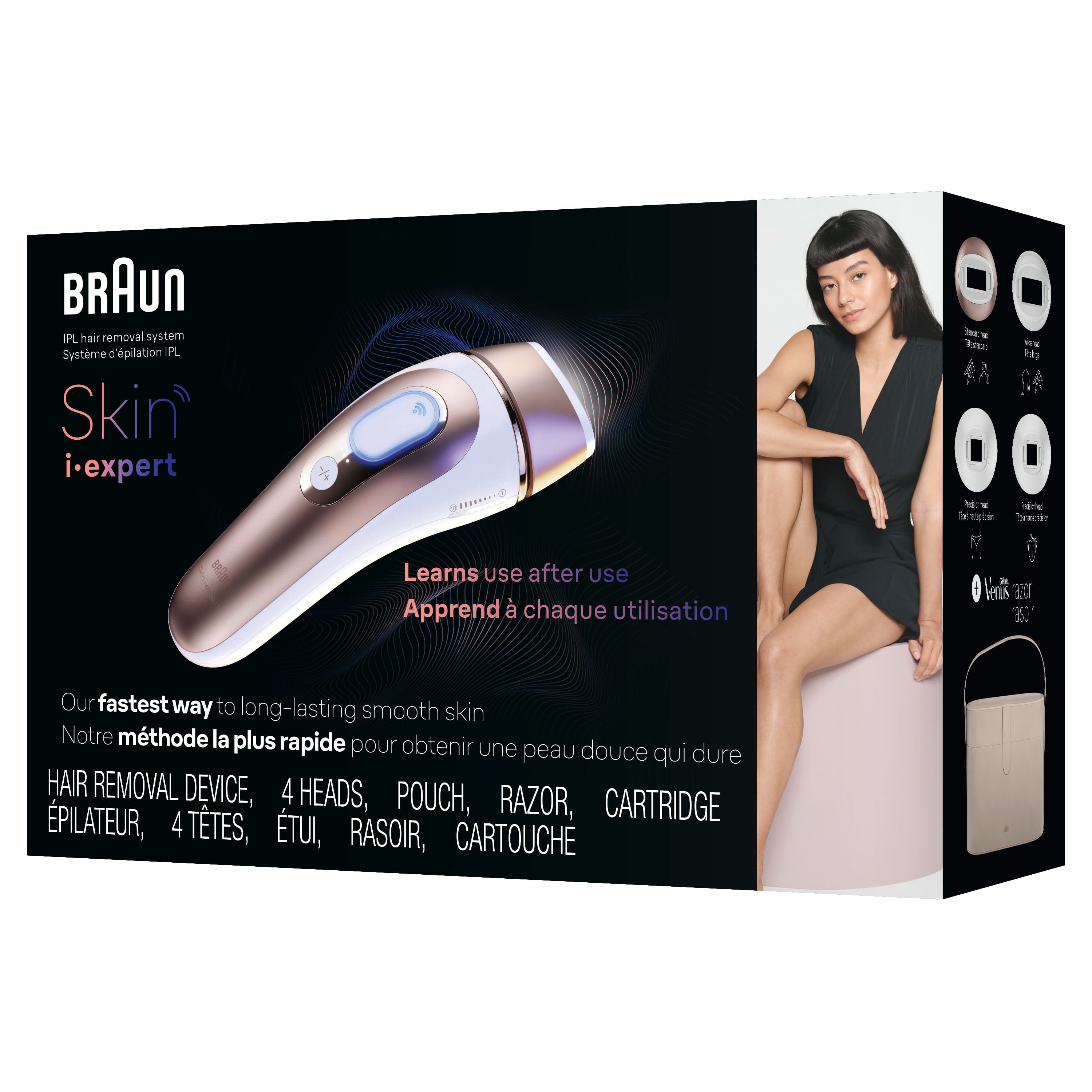 Braun Skin i-Expert Hair Removal System: Learns to use after use. Apprende chaque utilisation. Our fastest way to long-lasting smooth skin. Hair removal device with 4 heads, pouch, razor, cartridge. Pilateur, 4 TTES, TUI, RASOIR, CARTOUCHE.