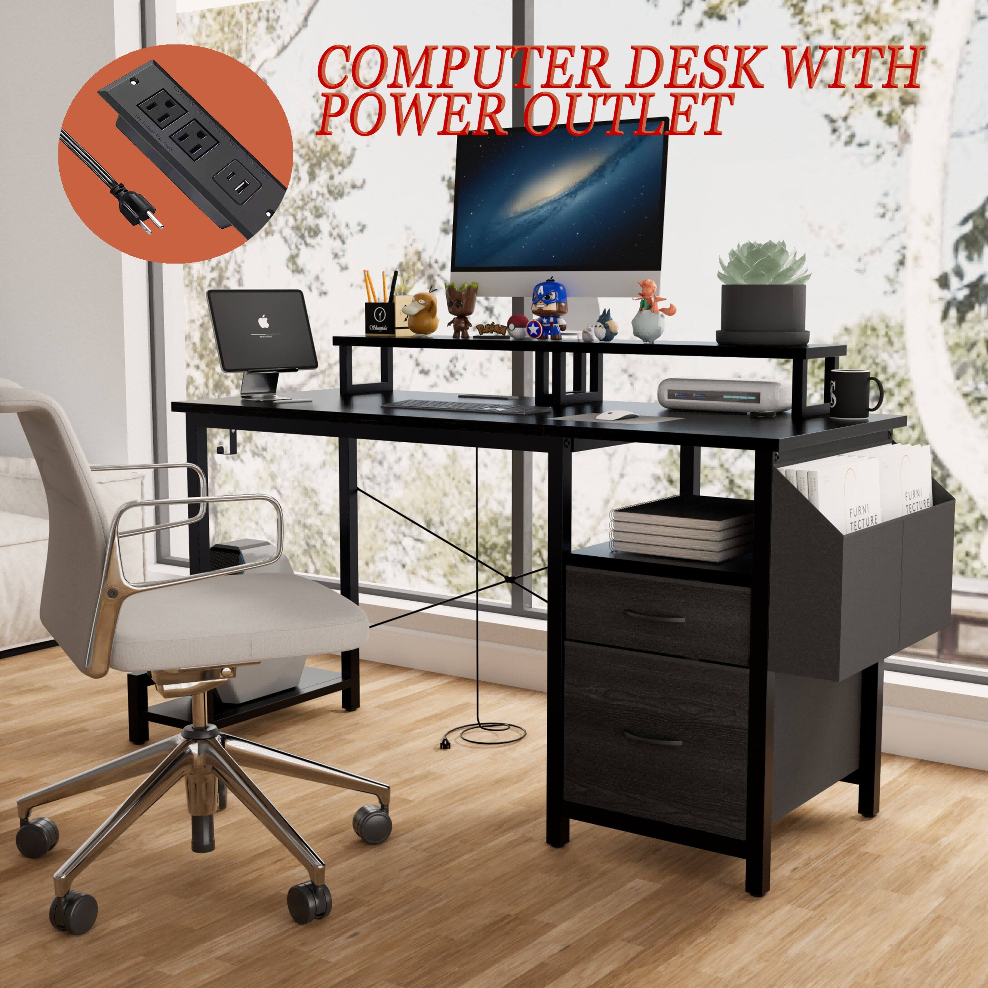 The corrected text is: "Computer Desk with Power Outlet."