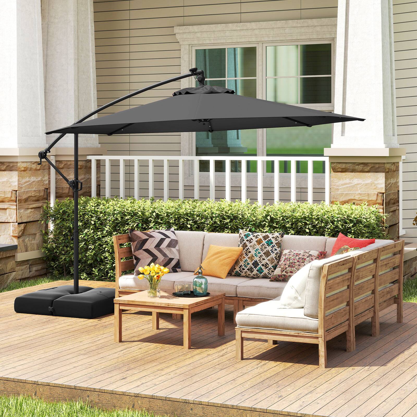 Alt View 1. Gymax - Gymax 10 FT Solar Offset Hanging Umbrella Patio Cantilever Umbrella w/ 32 LED Lights Gray - Gray.