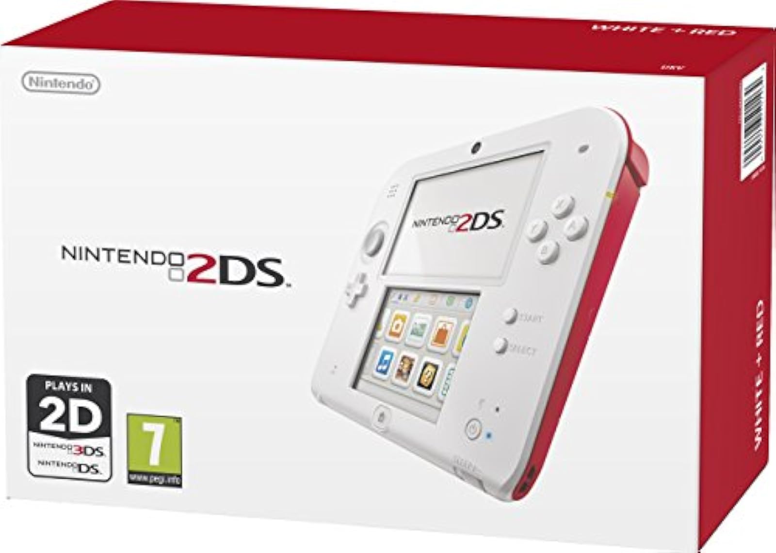 Nintendo 2DS  
White & Red  

Plays in 2D  
Nintendo 3DS  
Nintendo DS  

PEGI 7