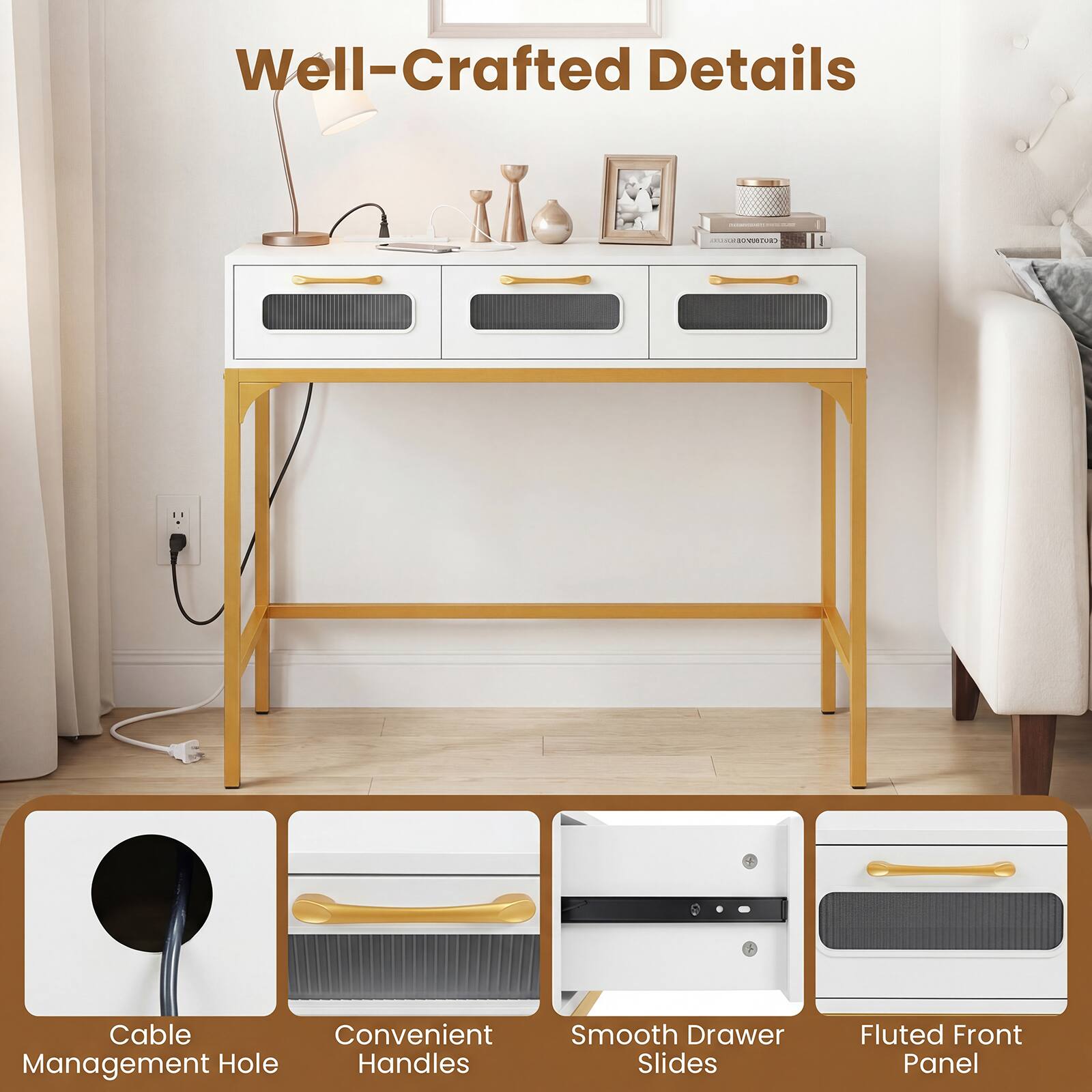 Well-Crafted Details

- Cable Management Hole
- Convenient Handles
- Smooth Drawer Slides
- Fluted Front Panel