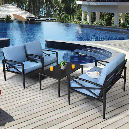Front. Gymax - Gymax 4PCS Patio Sofa Conversation Set Outdoor Furniture Set Yard w/ Cushion - Navy.