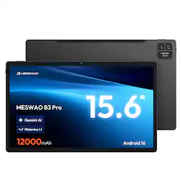 MESWAO - 15.6-Inch Android 16 Tablet with 256GB Storage, 16GB Memory, FHD IPS Display, Widevine L1, 12000mAh Battery - Black