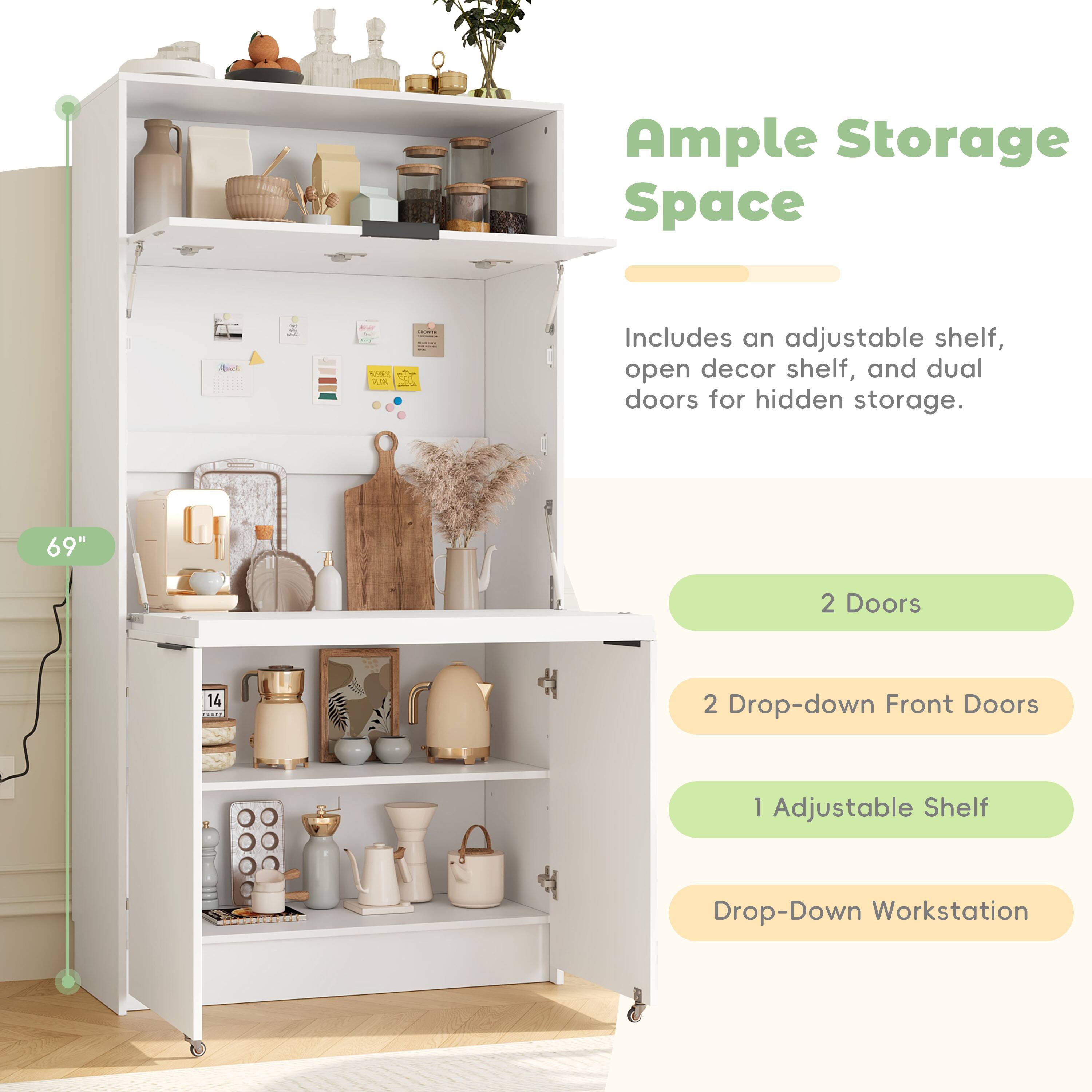 Ample Storage Space

- Includes an adjustable shelf, open decor shelf, and dual doors for hidden storage.
- 69" 2 Doors
- 2 Drop-down Front Doors
- 1 Adjustable Shelf
- Drop-Down Workstation