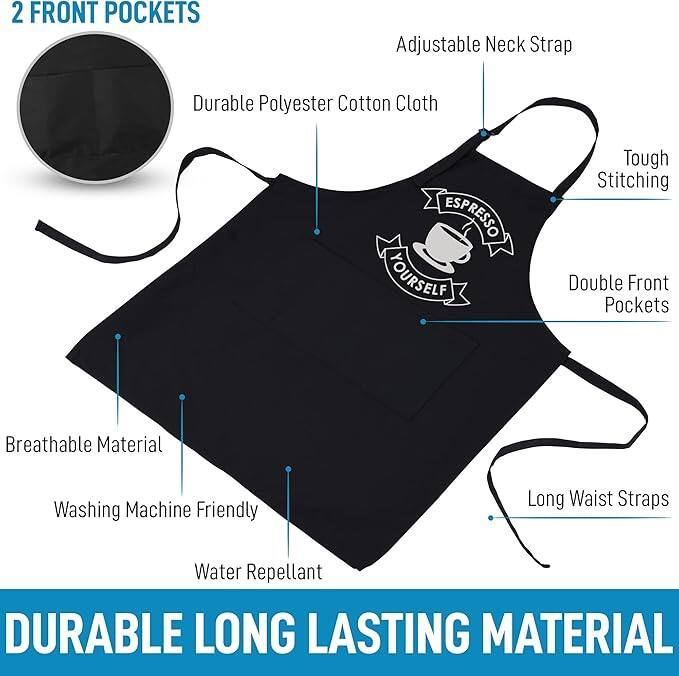 - 2 FRONT POCKETS
- Adjustable Neck Strap
- Durable Polyester Cotton Cloth
- Tough Stitching
- Double Front Pockets
- Breathable Material
- Washing Machine Friendly
- Water Repellent
- Long Waist Straps
- DURABLE LONG LASTING MATERIAL