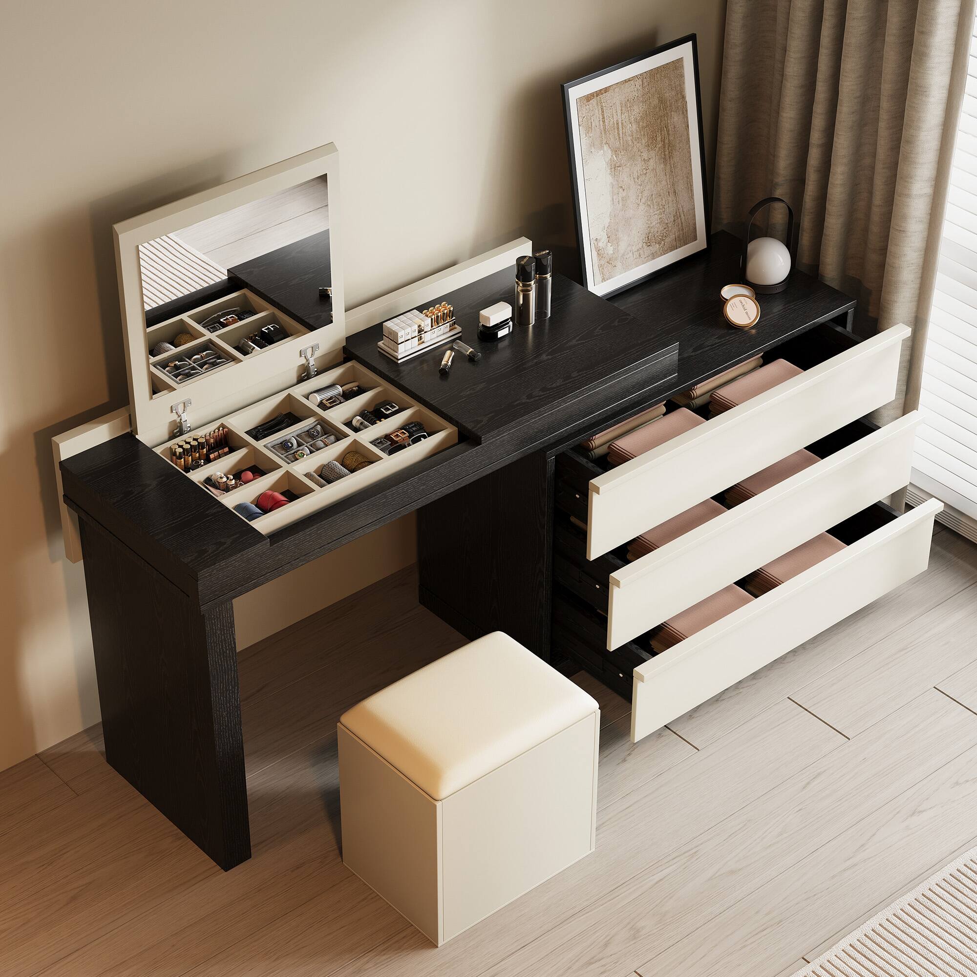Back. luck idea - 47.12" Extendable Dressing Table with Vanity Stool, Mirror and Three Storage Drawers - Black.