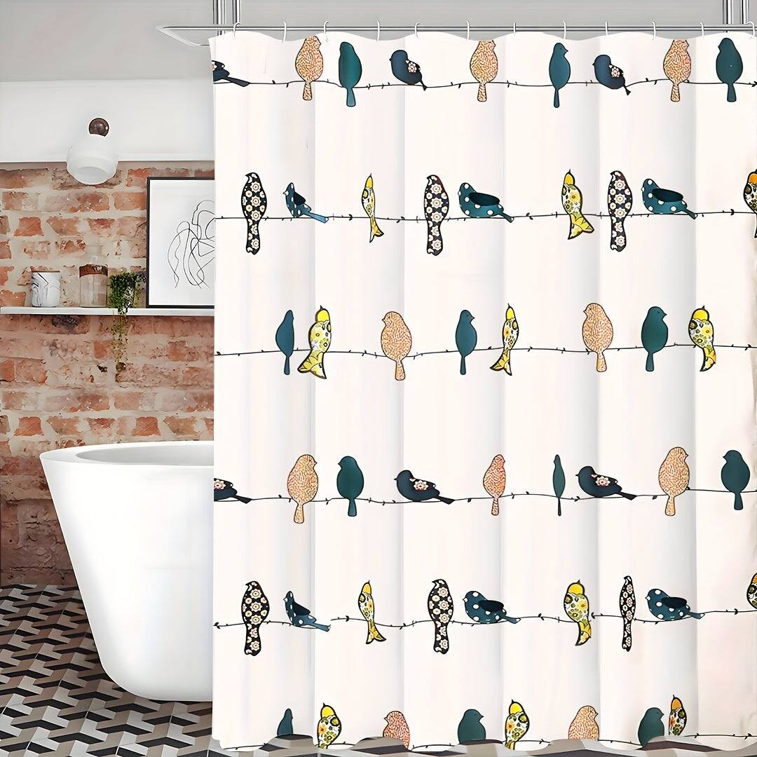 Front. blue - Birds Shower Curtain, Multi - Colorful Floral Bird Pattern - Whimsical & Playful Bird Shower Curtain - Farmhouse - Multicolor180*180cm.