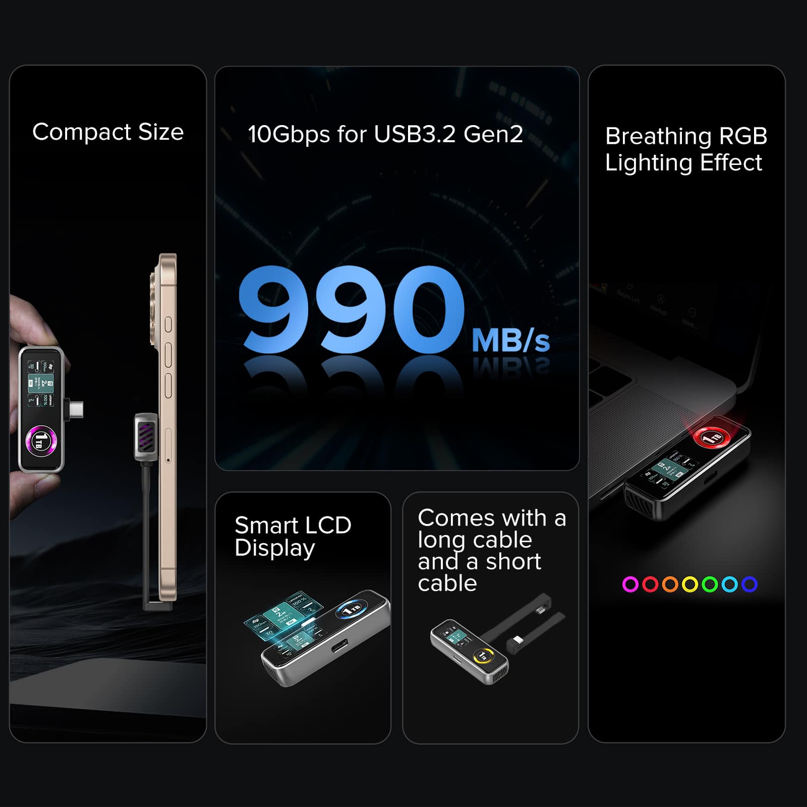 Zike Z791C 1TB USB C Expansion Memory Card, PD3.0, 990 MB/s, LCD