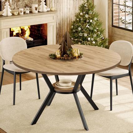 Front. MAGICAL RUBS - Round Dining Table For 4 42 Inch Farmhouse Kitchen With Storage Rustic Wooden Circle Dinner Pedestal Metal Space - 8-natural Wood 42 Inch.