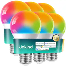 Linkind - Matter Smart Light Bulbs, A19 1100lm Color Changing, 1000K-20000K, 2.4/5GHz Wi-Fi 6, Alexa, Apple Home, Google, 6-Pack - Multicolor