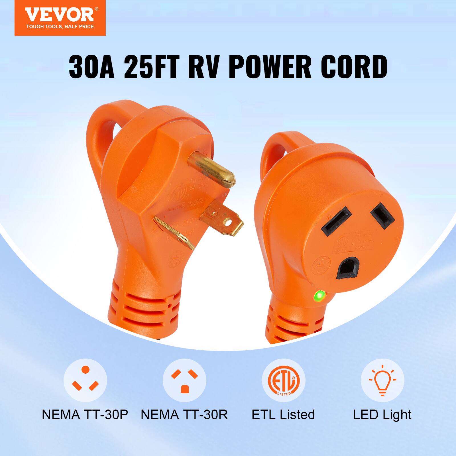 VEVOR TOUGH TOOLS. HALF PRICE 30A 25FT RV POWER CORD ETL Listed NEMA TT-30P NEMA TT-30R LED Light
