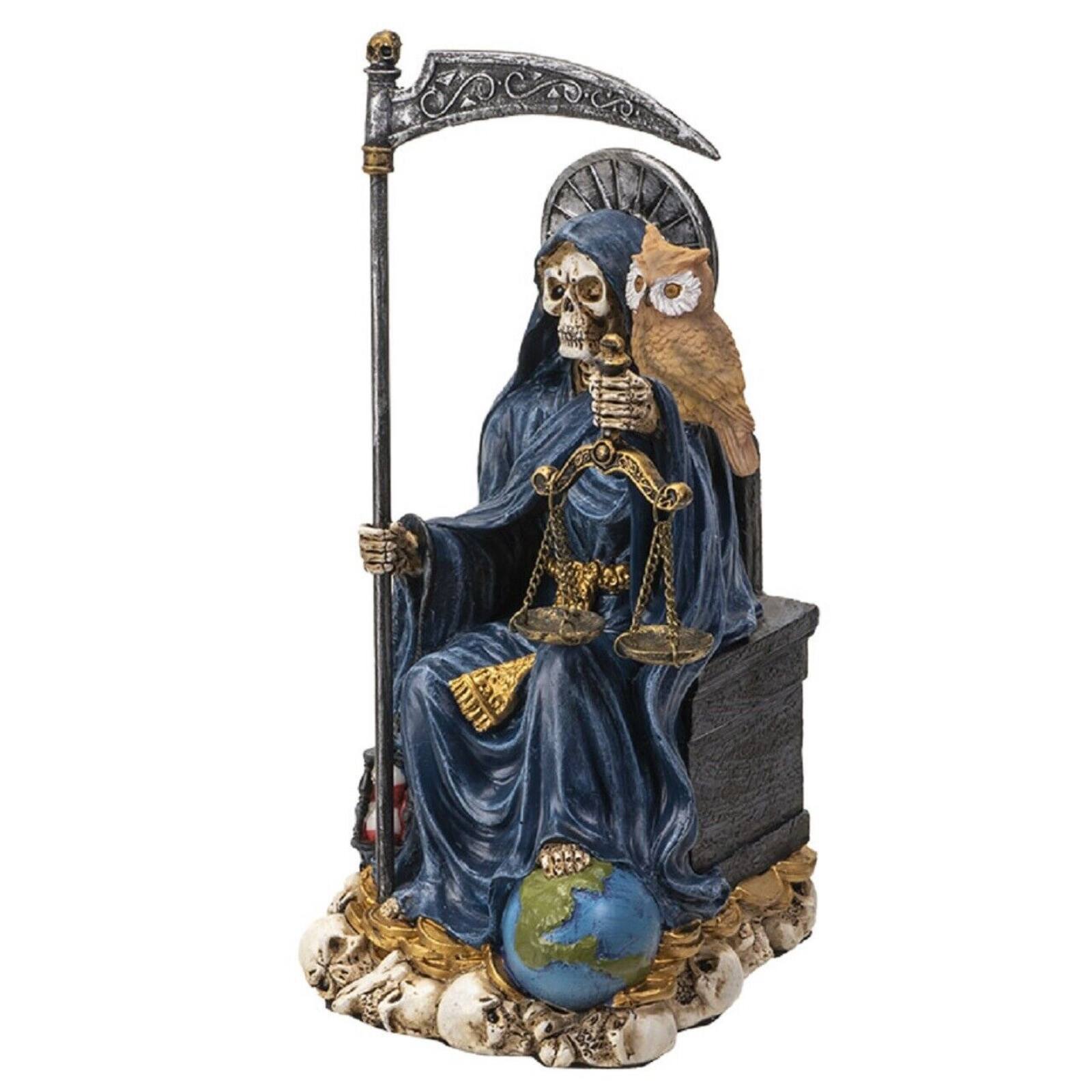 Back. Pacific Trading - Sitting Santa Muerte in Blue Gown with Owl and Scale Figurine Death 9 Inch.