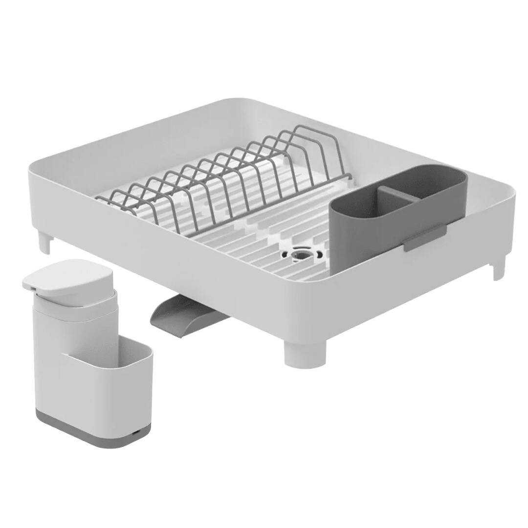 Front. OU - Sink Organizer Set, Compact Dish Rack with Drain Spout & 19 oz Soap Dispenser with Sponge Holder - White.