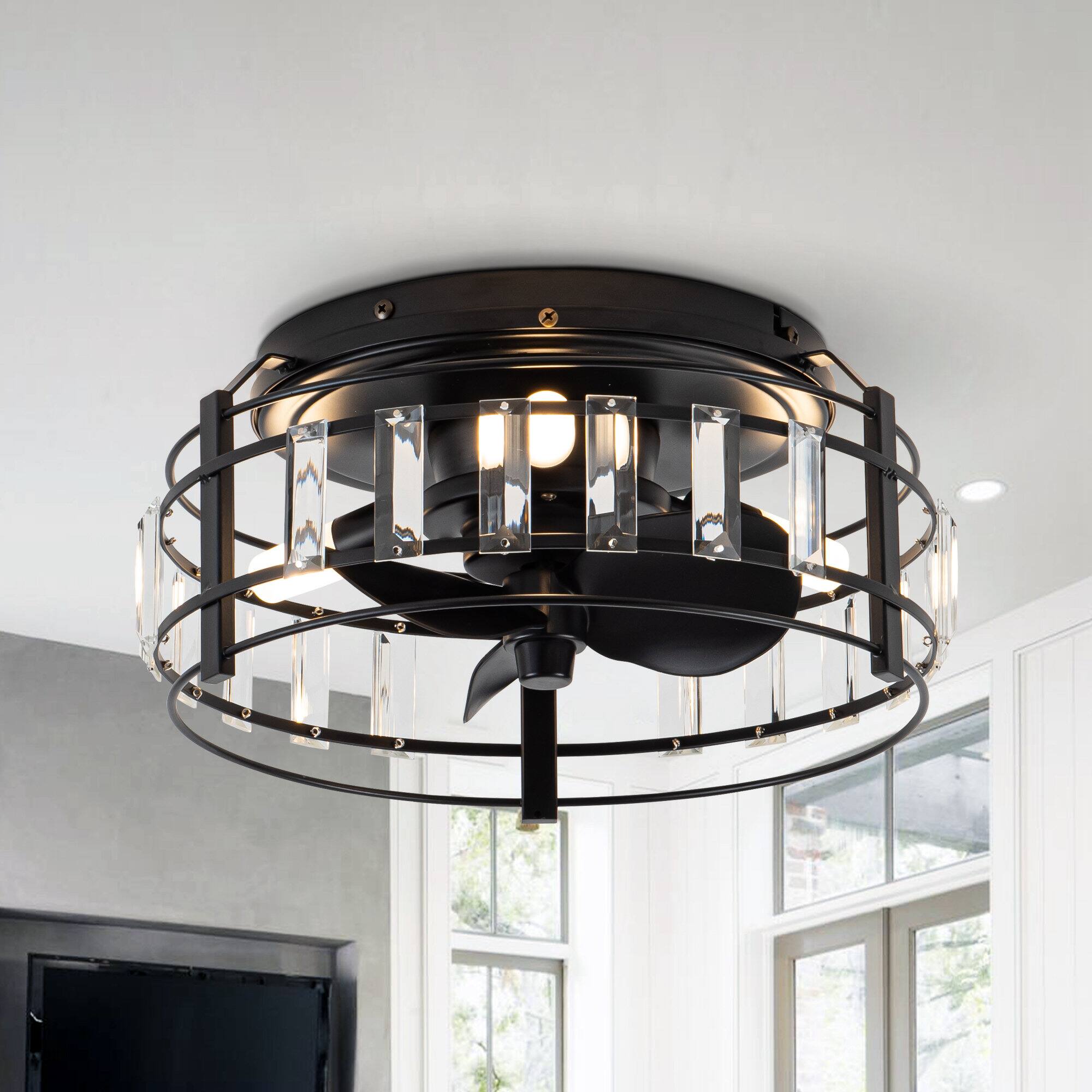 Back. Parrot Uncle - 13" Modern Flush Mount Crystal Ceiling Fan with LED Light - Matte Black.