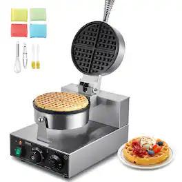 VEVOR - Commercial Waffle Maker, 1230W Round Waffle Baker Machine,Non-Stick Stainless Steel Belgian Waffle Iron with Temperature - Silver;Black