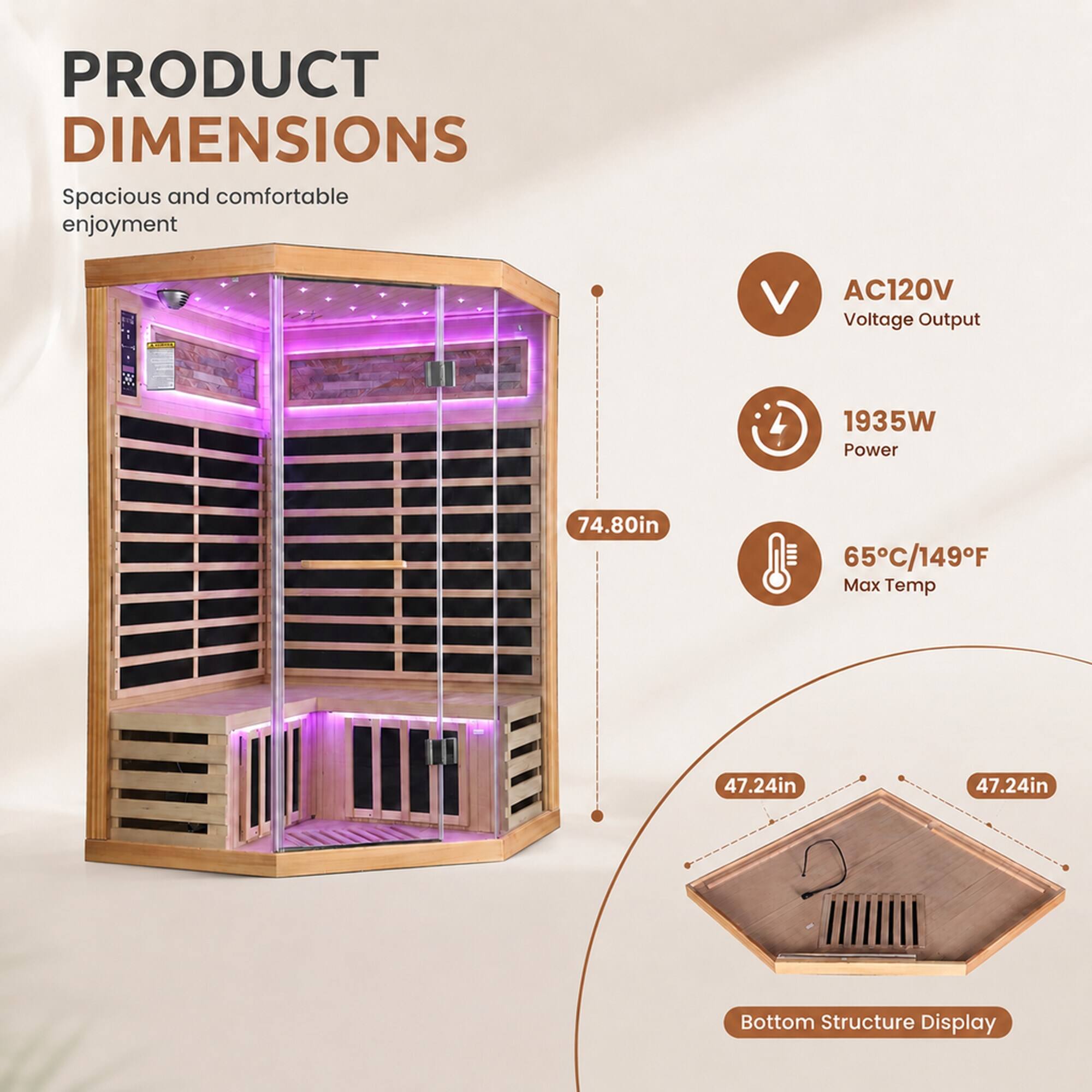 PRODUCT DIMENSIONS  
Spacious and comfortable enjoyment  

AC120V Voltage Output  
1935W Power  
65C/149F Max Temp  

74.80in  
47.24in  
47.24in  

Bottom Structure Display