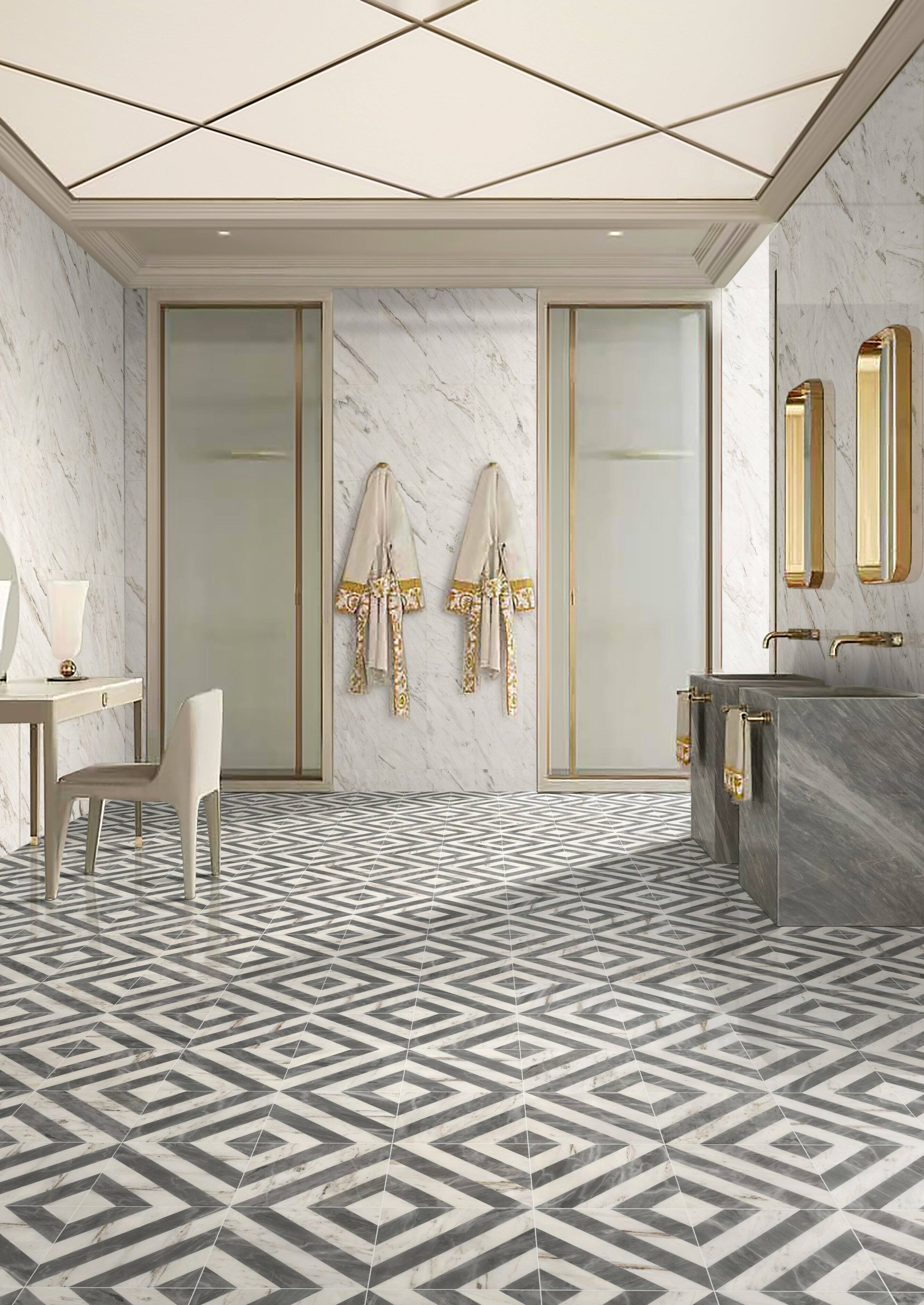 Front. APRILSOUL - 12x12in White Grey Water jet Marble Tiles Polished - White.