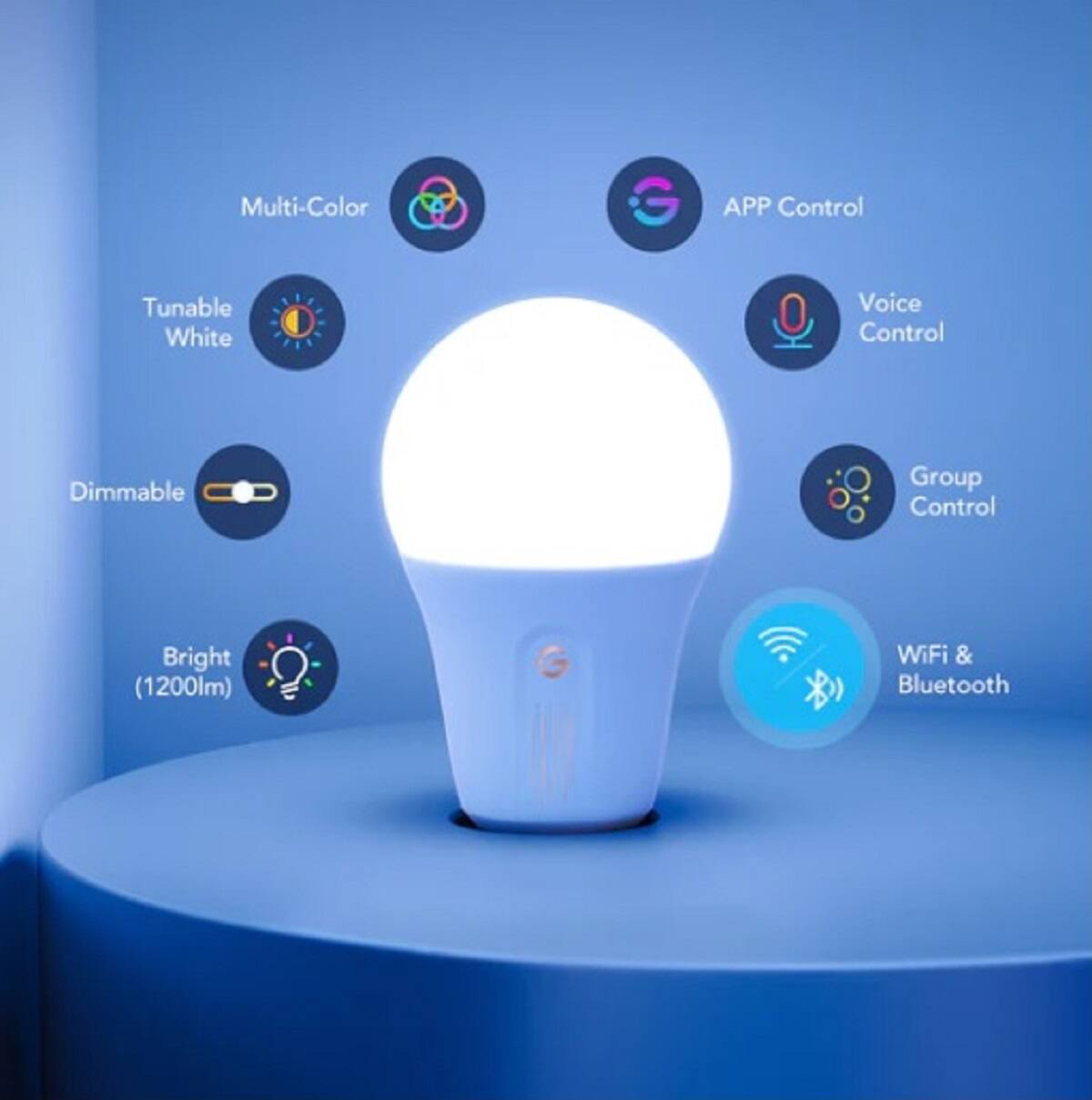 The image shows a white light bulb with various features and functions. It is a multi-color light bulb with a G APP control, allowing for tunable white light and voice control. The light bulb is also dimmable, and it can be controlled as part of a group. Additionally, the bulb has a bright setting with a 1200lm output, and it is equipped with WiFi and Bluetooth capabilities.
