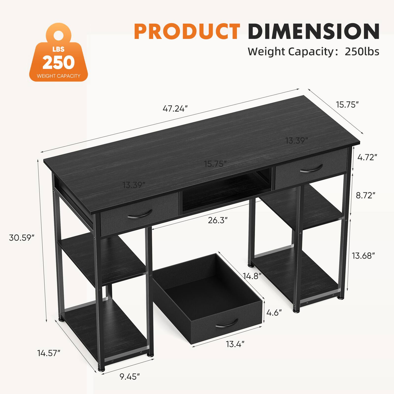 **Product Dimension**

- Weight Capacity: 250lbs

**Dimensions:**
- Length: 47.24"
- Width: 15.75"
- Height: 30.59"
- Drawer Height: 4.72"
- Shelf Height: 8.72"
- Drawer Width: 13.39"
- Drawer Depth: 14.8"
- Shelf Width: 13.39"
- Shelf Depth: 13.4"
- Overall Height: 30.59"
- Overall Width: 15.75"
- Overall Depth: 14.57"
- Leg Width: 9.45"