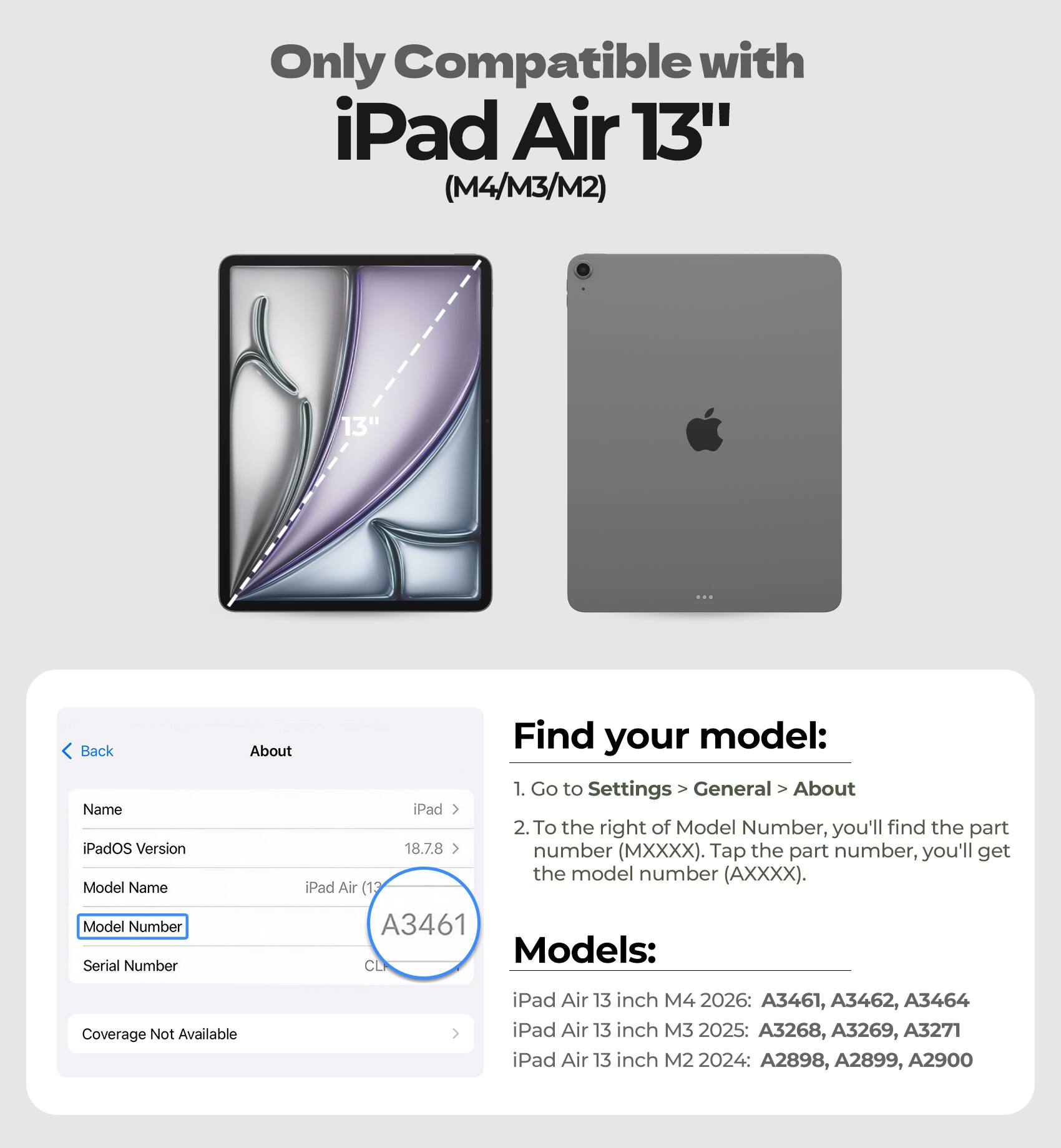 Only Compatible with iPad Air 13" (M4/M3/M2)  
13" Back Name iPadOS Version Model Name Model Number Serial Number Find your model: About  
1. Go to Settings > General > About iPad  
2. To the right of Model Number, you'll find the part number (MXXXX). Tap the part number, you'll get the model number (AXXXX).  

iPad Air (12 A3461 Models: CL  
Coverage Not Available  
iPad Air 13 inch M4 2026: A3461, A3462, A3464  
iPad Air 13 inch M3 2025: A3268, A3269, A3271  
iPad Air 13 inch M2 2024: A2898, A2899, A2900