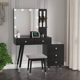 Winado - Vanity Table Stool Set with 10 LED Lighted Mirror Dressing, 5 Drawers, LED Nightstand, Makeup Dressing Table - Black