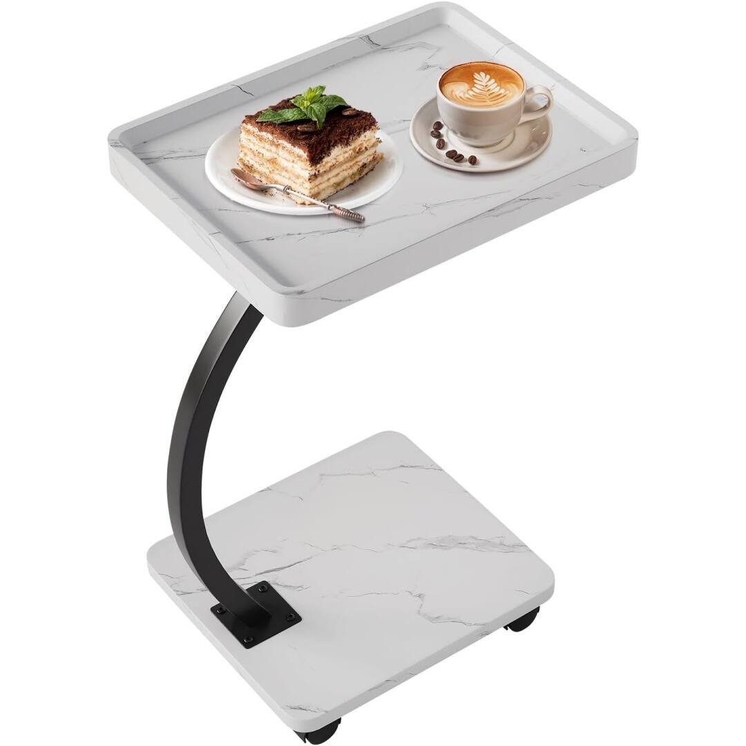 Back. GARVEE - C Table with Wheels, C Shaped End Table for Couch, TV Tray Table, Metal Frame Couch Tables That Slide Under, White.