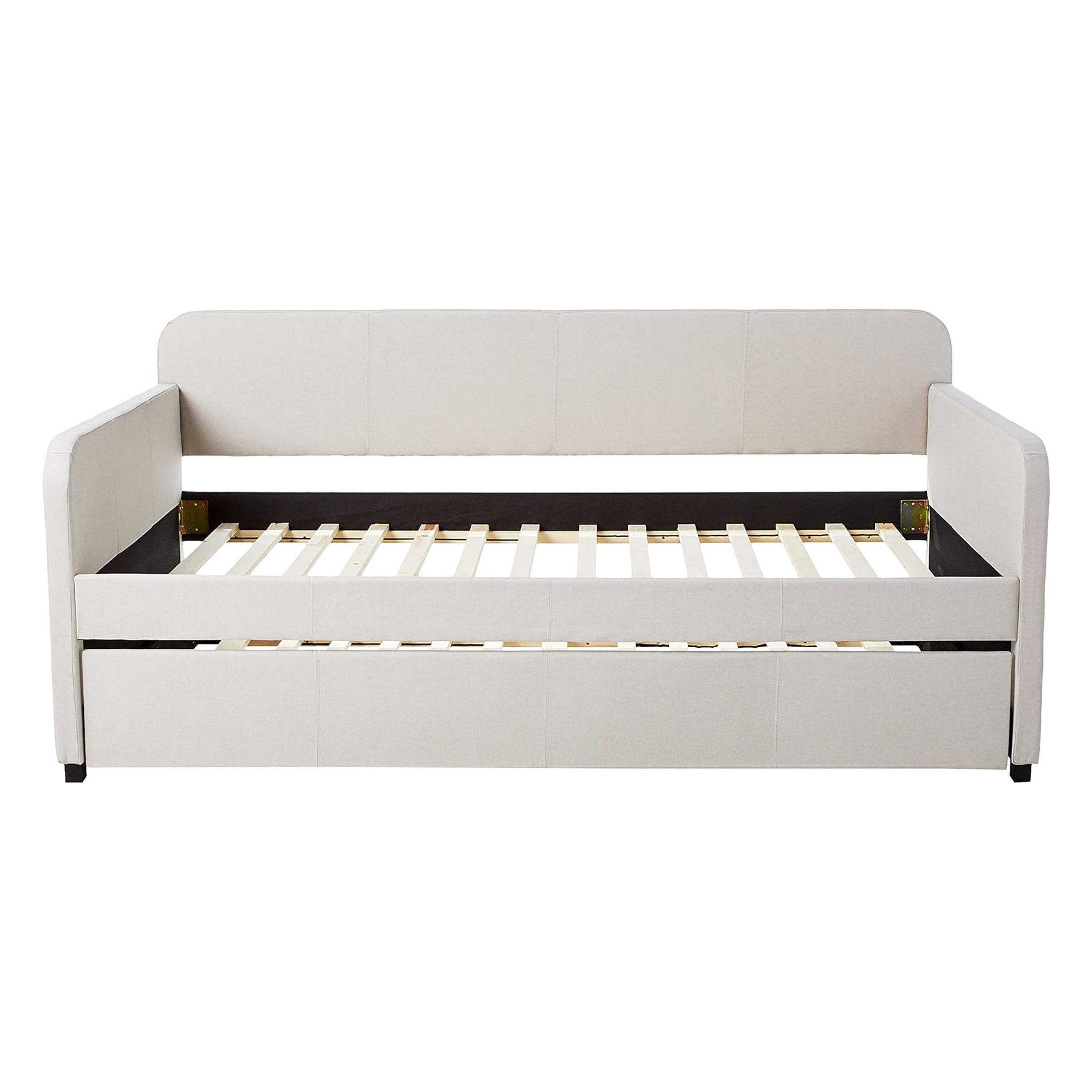 Alt View 1. Manhattan Lane - Fabric Upholstered Wooden Day Bed with Trundle and Panel Back, Beige - Beige.