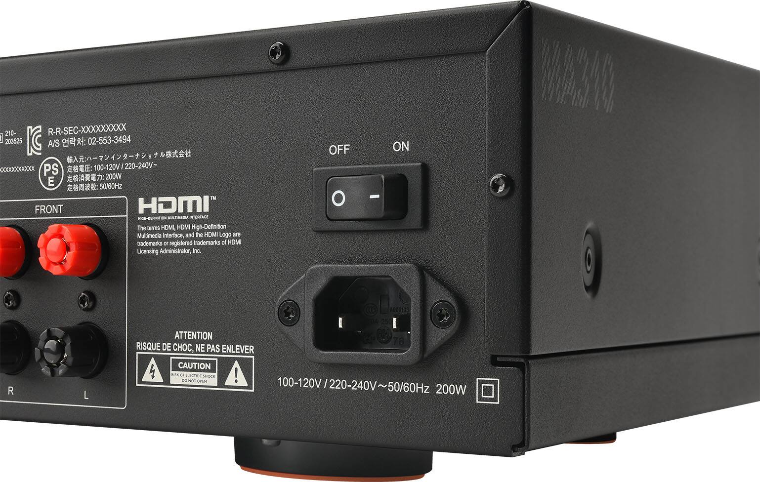 The text on the image reads:

210-R-R-SEC-XXXXXXXXX] 203525 A/S: 02-553-3494: XXXXXXXXXXXXXX PS: 100-120V/220-240V-200W E 50/60Hz FRONT HOMI HIGH-DEFINITION MULTIMEDIA INTERFACE The terms HDMI, HDMI High-Definition Multimedia Interface, and the HDMI Logo are trademarks or registered trademarks of HDMI Licensing Administrator, Inc. OFF - ON WAR R L (A000133) 250 ATTENTION 76 RISQUE DE CHOC, NE PAS ENLEVER CAUTION RSK d LECTRIC MOCK ! da TOM OPEN 100-120V/220-240V~50/60Hz 100-120V / 50/60Hz 200W