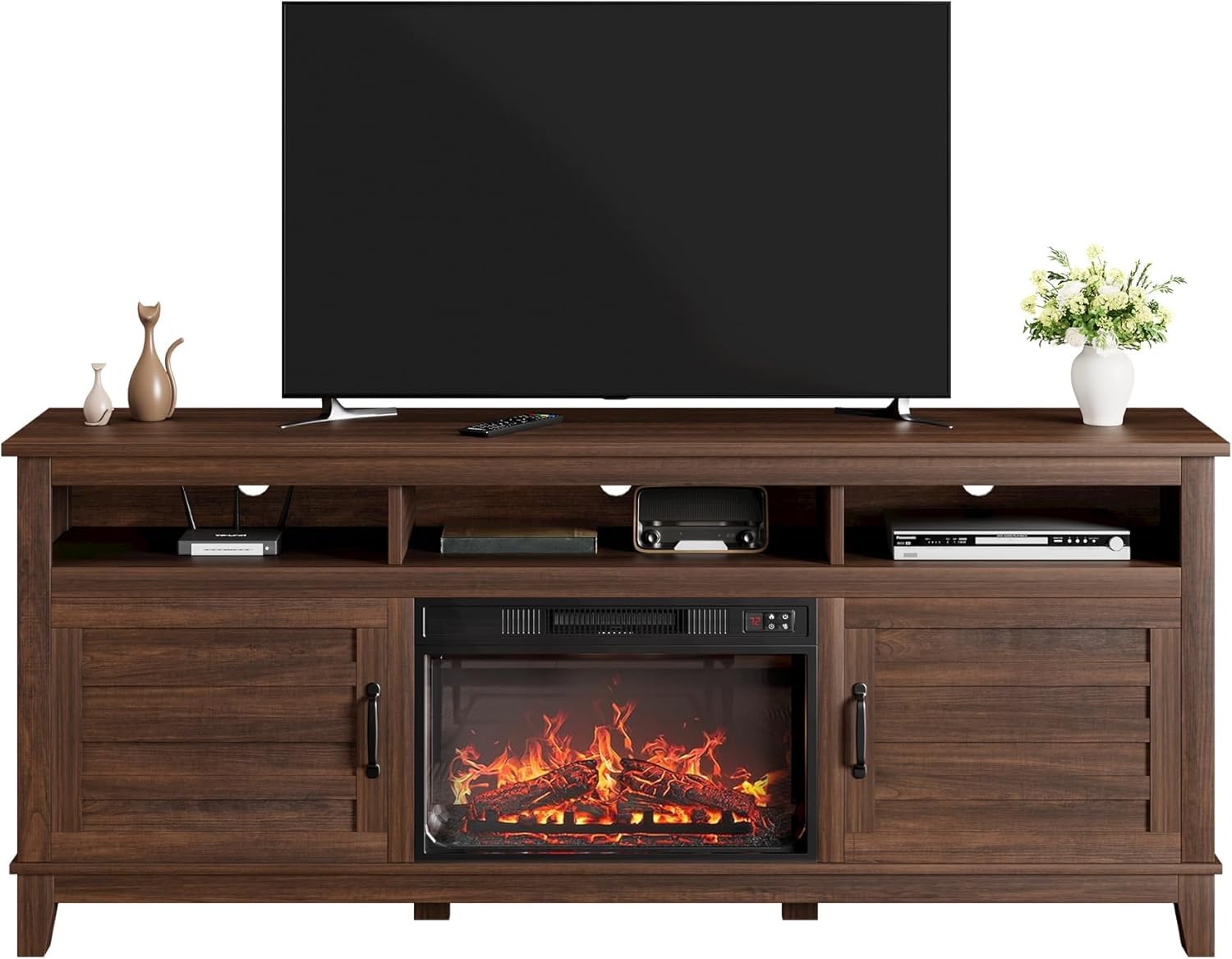 Angle. Jojoka - 71" Farmhouse TV Stand with 23" Electric Fireplace, Adjustable Storage, Media Console for Living Room & Bedroom - Brown.