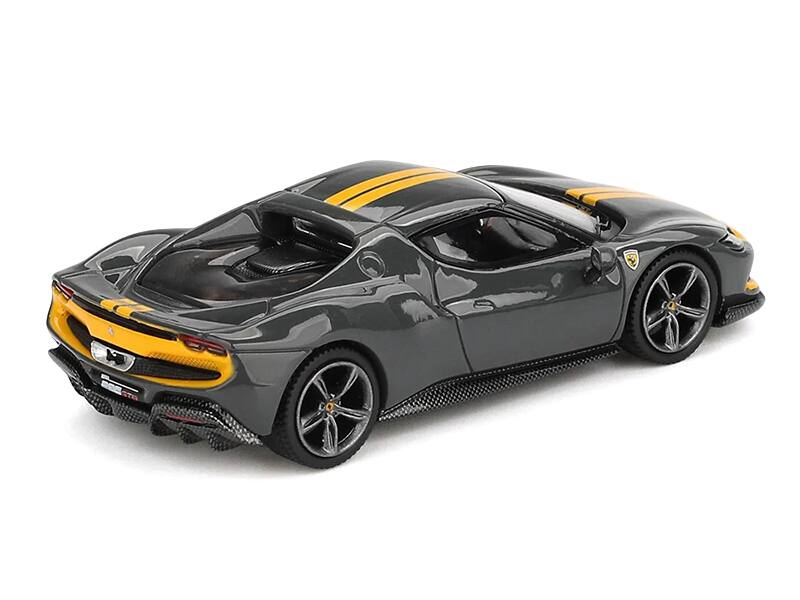 Alt View 2. BBR - Ferrari 296 GTB Assetto Fiorano Grigio Scuro (Dark Gray) with Yellow Stripes 1/64 Diecast Model Car by BBR Models.