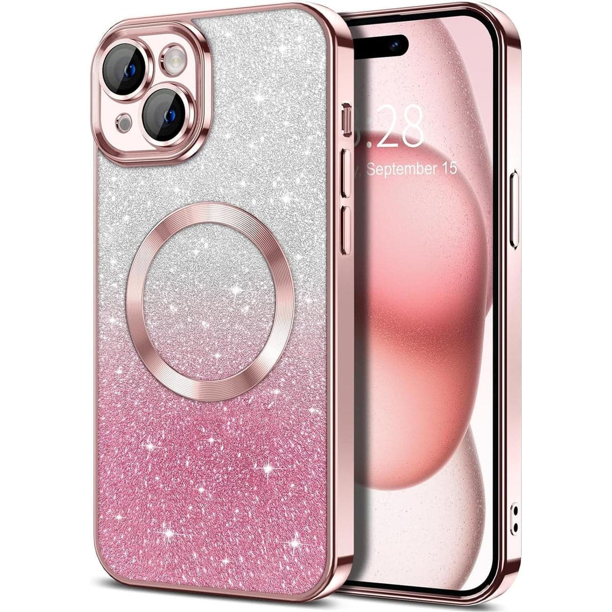 Front. Entronix - Entronix Magnetic Case for iPhone 14 - Clear Back Luxury Glossy Cover - Glitter Rose.