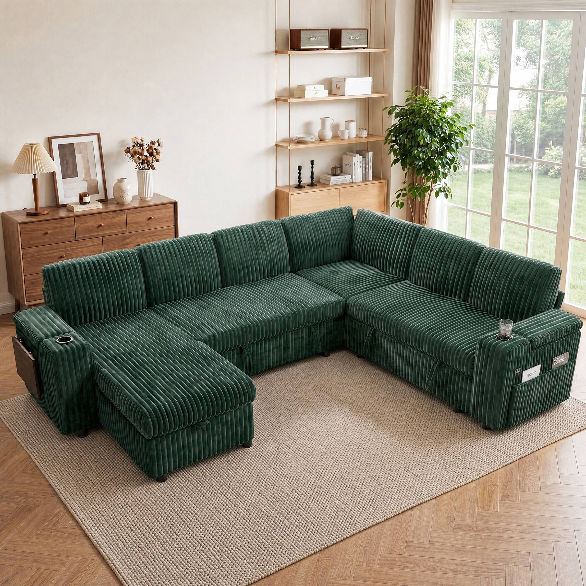 Angle. Dyonery - 110" Corduroy Sectional Sleeper Sofa with Pull Out Bed, 7-Seat Couch with Storage/USB Ports/Cup Holders/Side Table - Green.