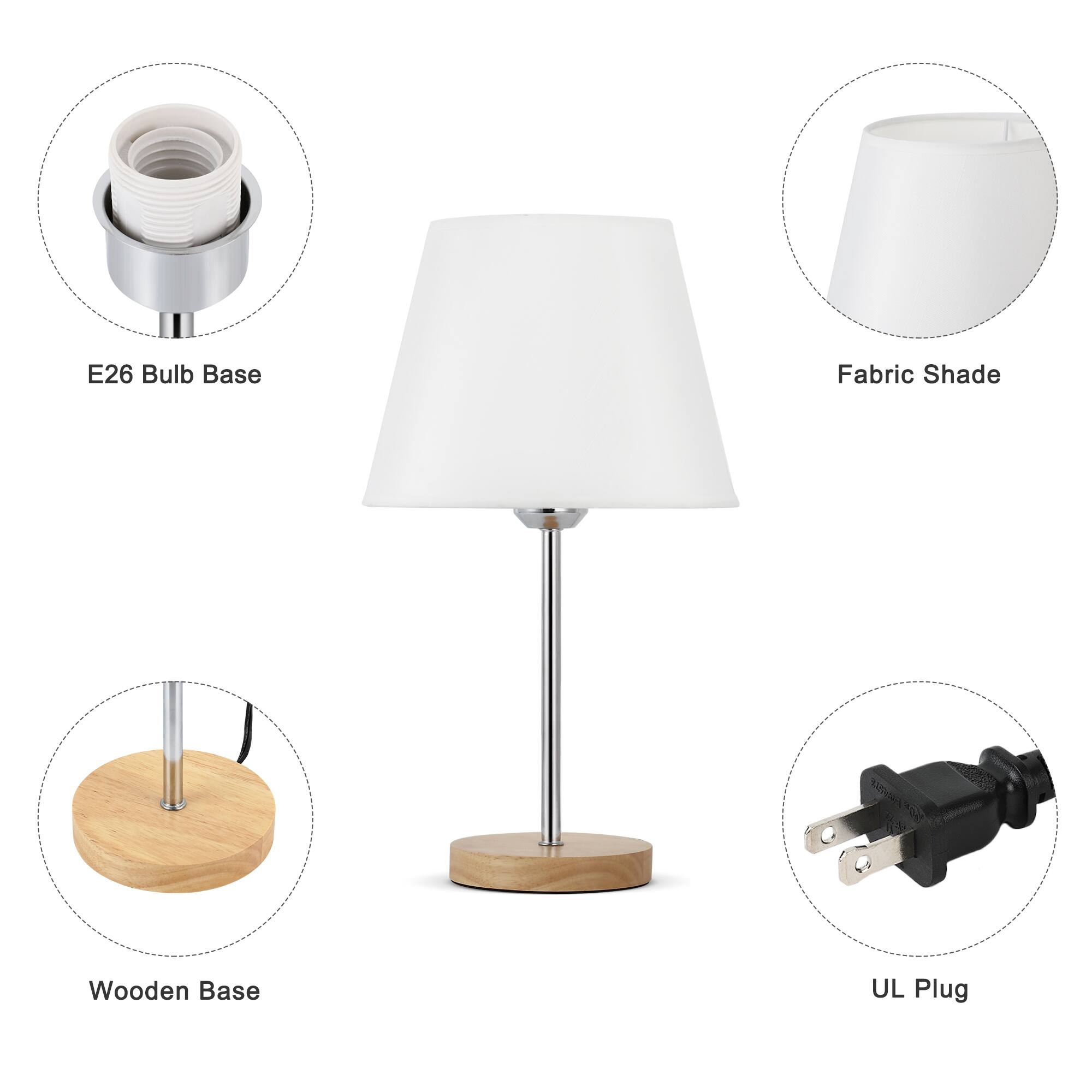 E26 Bulb Base  
Fabric Shade  
Wooden Base  
UL Plug