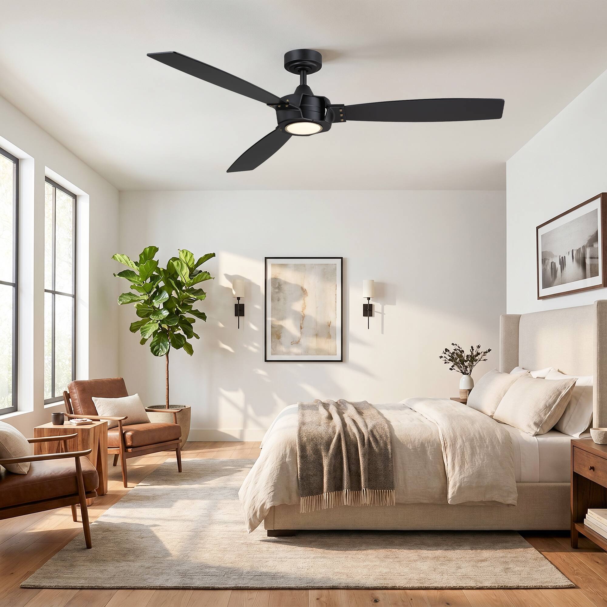 Left. Parrot Uncle - 60" Modern 3-Blade Ceiling Fan with Dimmable LED Light and Remote - BLACK.