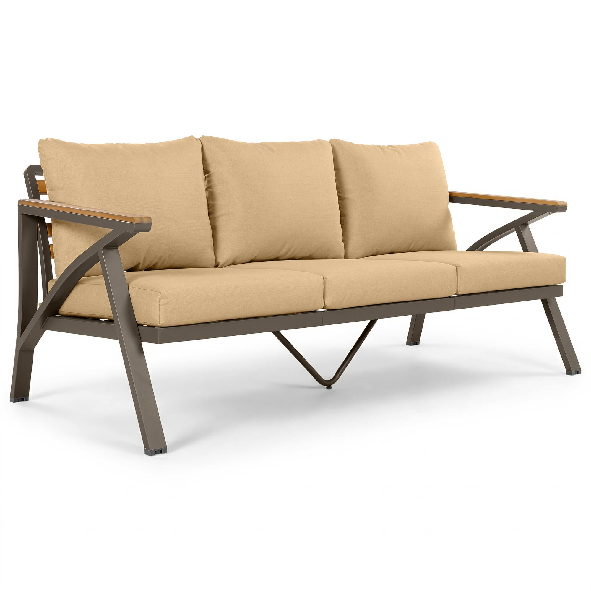 Alt View 2. Whisen - 6-Piece Outdoor Patio Furniture Set with Acacia Wood Table, Steel Sofa, Armchairs & Ottomans for Garden - Brown.