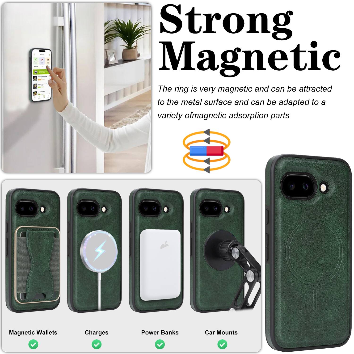 Strong Magnetic  
The ring is very magnetic and can be attracted to the metal surface and can be adapted to a variety of magnetic adsorption parts.

- Magnetic Wallets
- Charges
- Power Banks
- Car Mounts