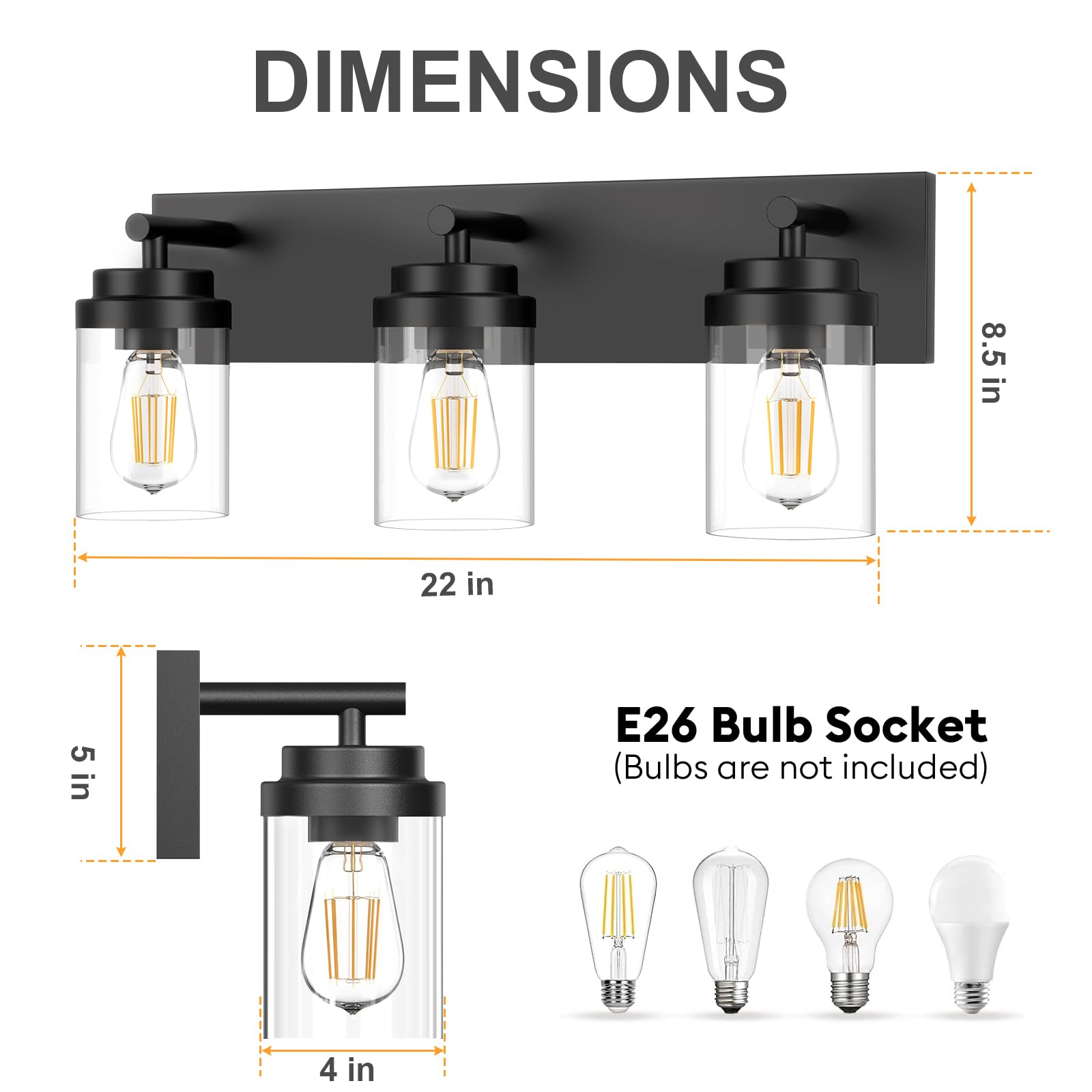 DIMENSIONS  
8.5 in  
22 in  
5 in  
4 in  

E26 Bulb Socket  
(Bulbs are not included)