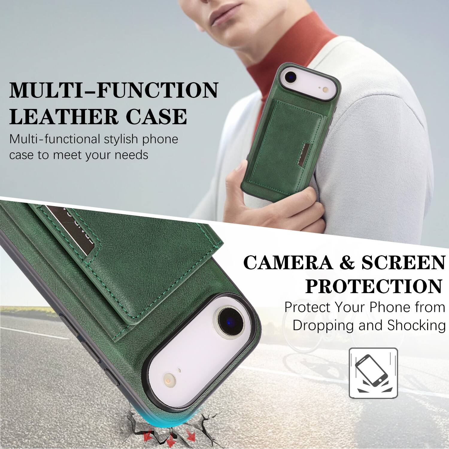 MULTI-FUNCTION LEATHER CASE  
Multi-functional stylish phone case to meet your needs  

CAMERA & SCREEN PROTECTION  
Protect Your Phone from Dropping and Shocking