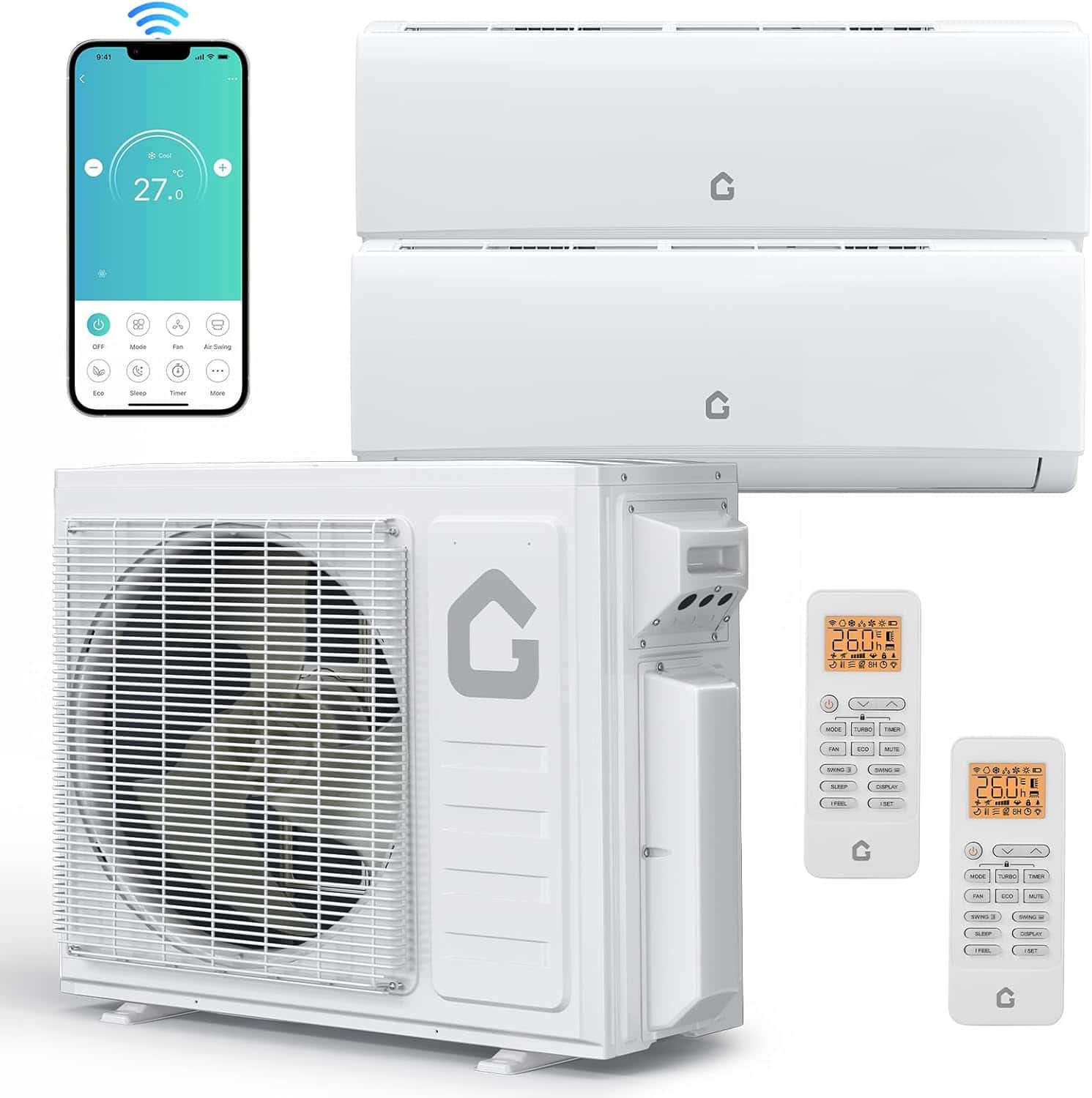 GARVEE - 28K BTU Dual Zone Mini Split AC Heating System Ductless Air Conditioner 20 SEER2 9000-12000 No Copper Tube Line Set