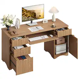 Bestier - 63" Fluted Executive Desk Modern Home Office Computer Desk with 4 Drawers, Flip-Down Keyboard Tray& File Cabinet - Brown Oak