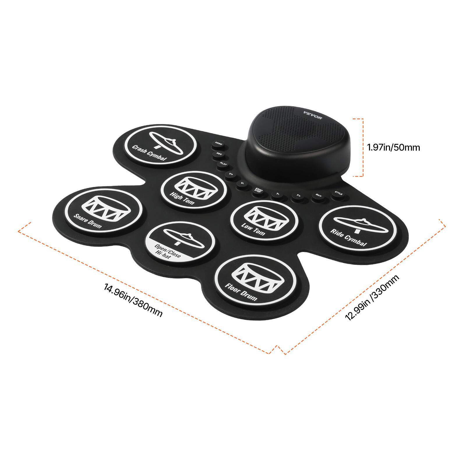 PEYOR Crash Gymbal - 1.97in/50mm  
High Tom - 14.96in/380mm  
Square Drum - 12.99in/330mm  
Low Tom - 12.99in/330mm  
Ride Cymbal - 12.99in/330mm  
Floor Drum - 12.99in/330mm