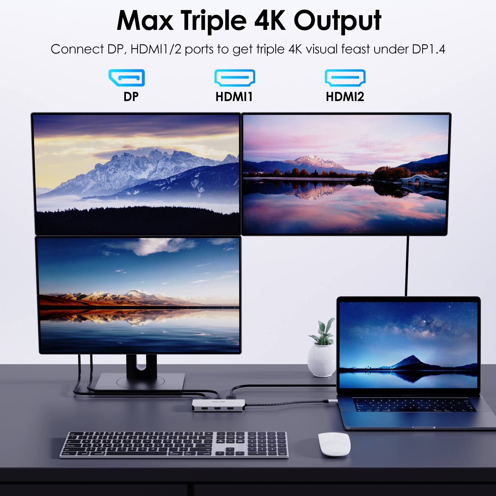 Max Triple 4K Output  
Connect DP, HDMI1/2 ports to get triple 4K visual feast under DP1.4  

DP  
HDMI1  
HDMI2