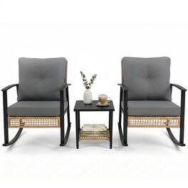 Yardgrace - 3-Piece Outdoor Rocking Set, Oversize Rattan Chairs with Thick Cushions & 2-Tier Coffee Table for Patio Garden - Gray