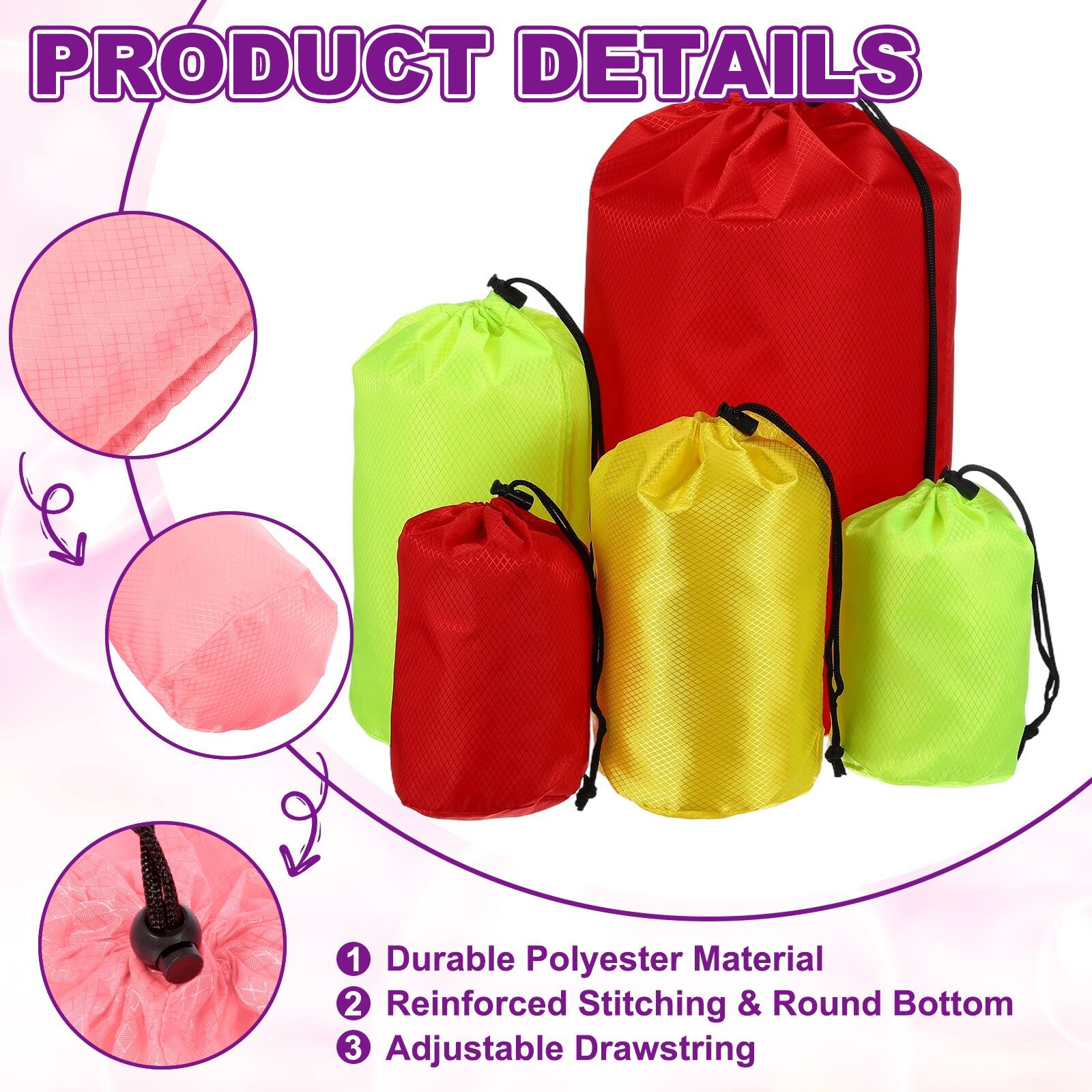 PRODUCT DETAILS

1. Durable Polyester Material
2. Reinforced Stitching & Round Bottom
3. Adjustable Drawstring