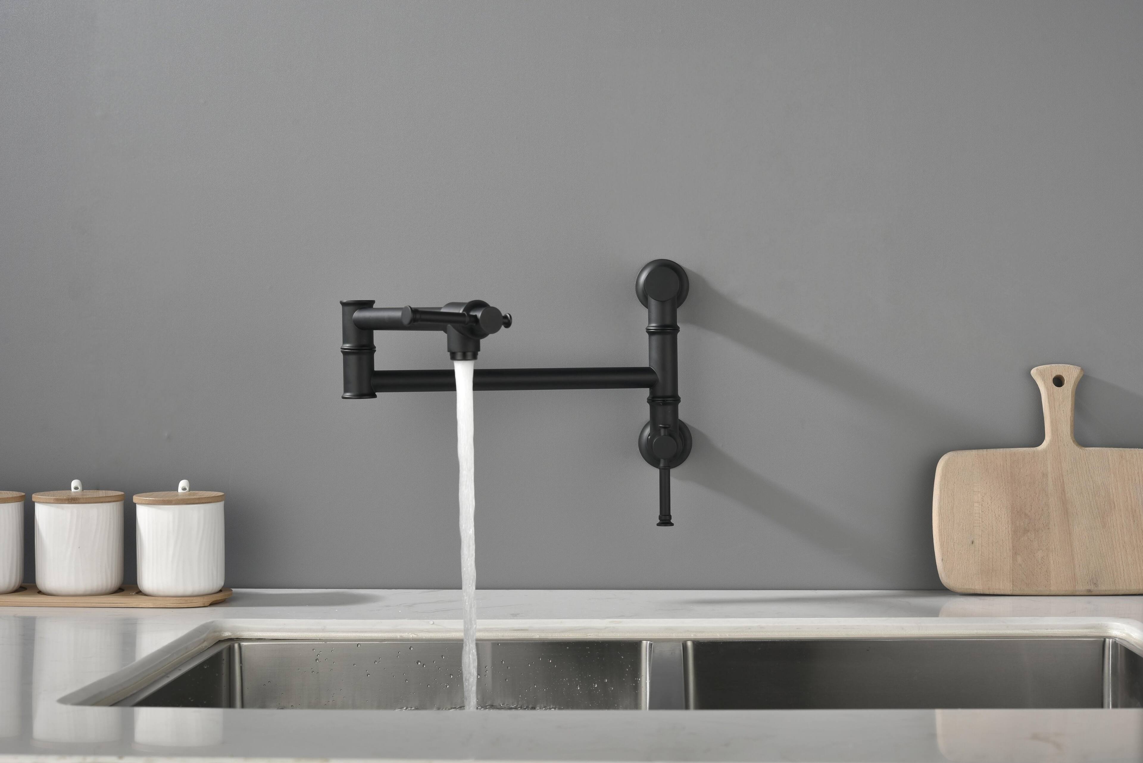 Back. APRILSOUL - Wall mounted Pot Filler Faucet Modern Brass Pot Filler Two-Attachment Wall Mount Folding Kitchen Pot Filler Swing Arm - Matte Black.