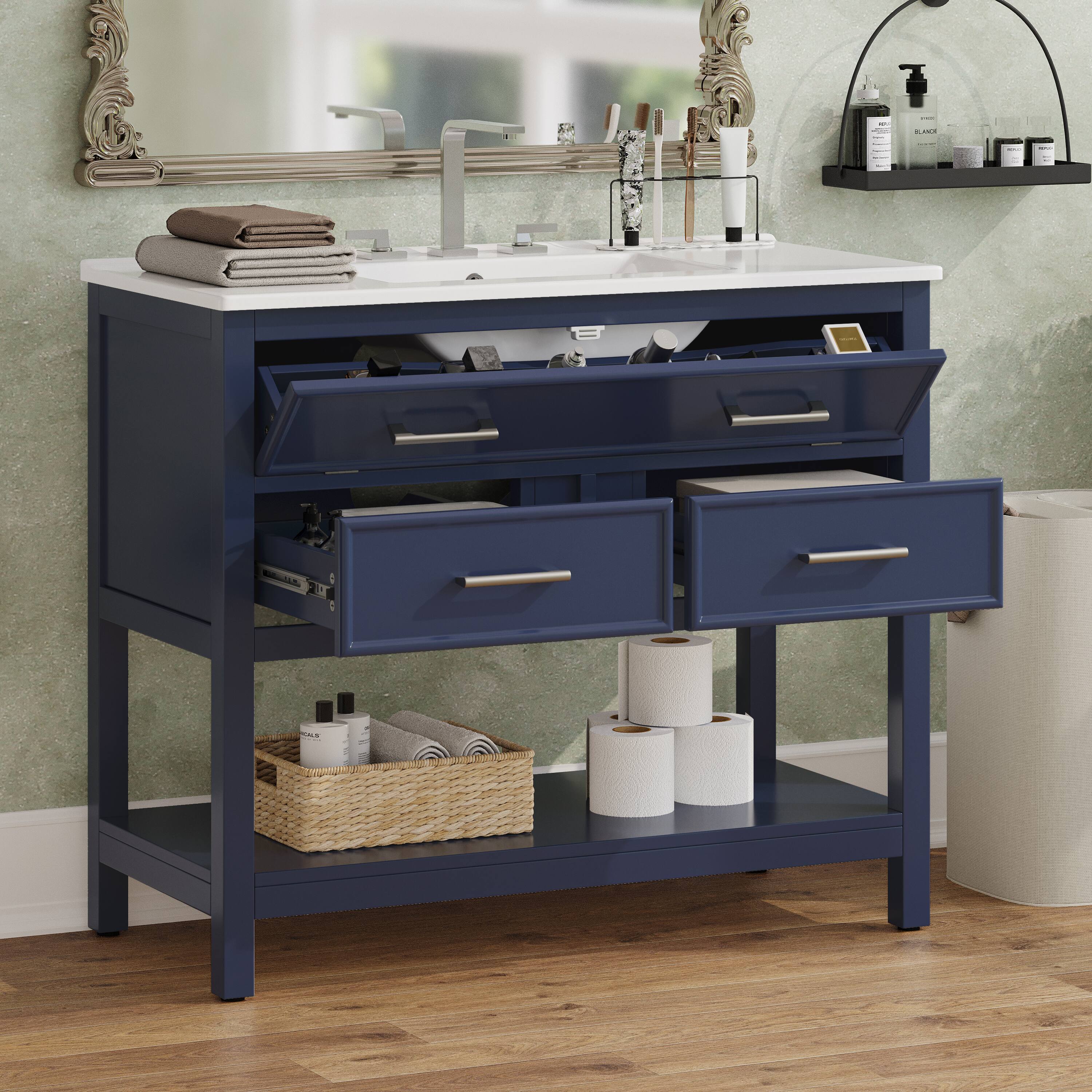 Left. Loheer - 3 ft Bathroom Vanity with Ceramic Sink, Soft-Close Drawers and Open Shelf - Blue.