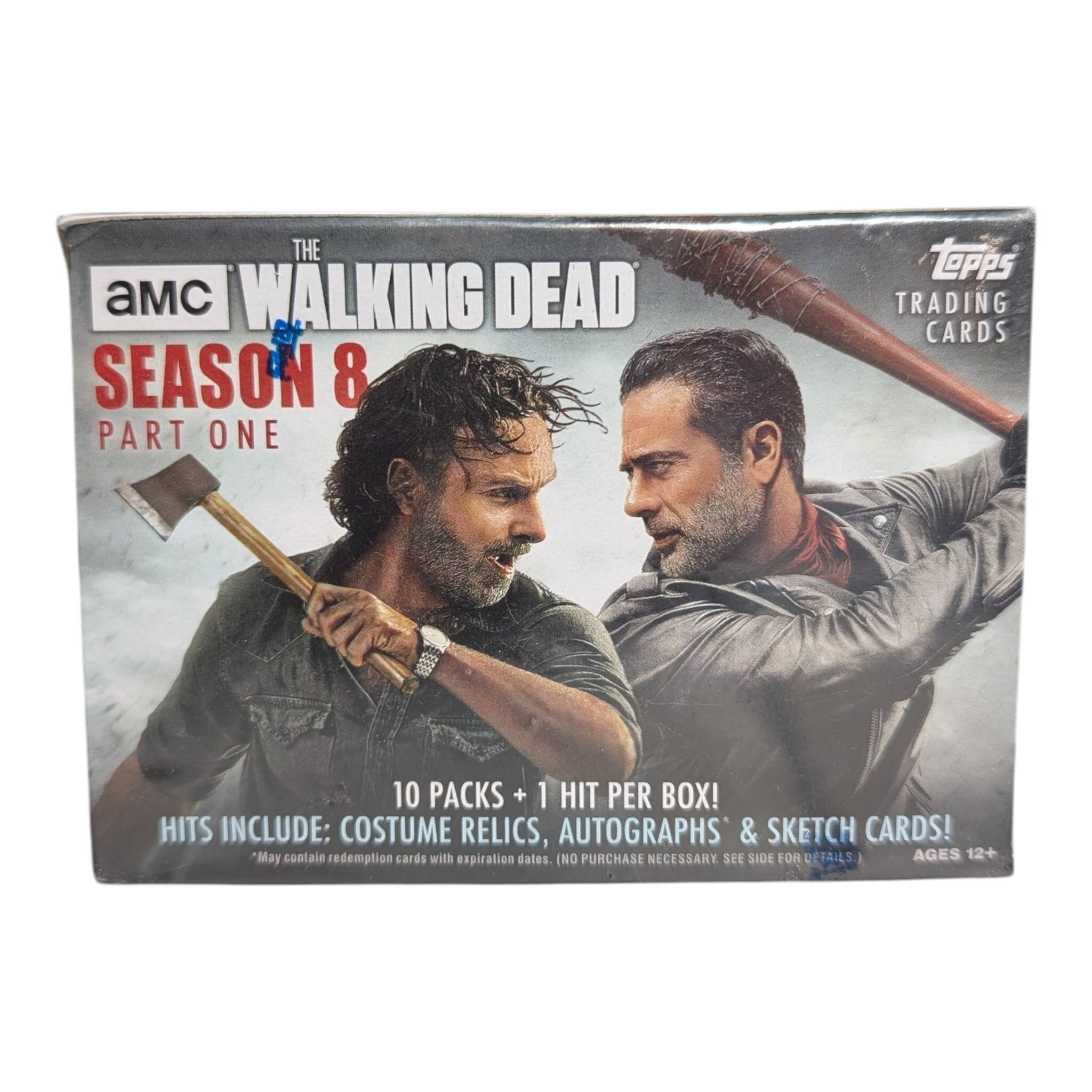 THE WALKING DEAD SEASON 8 PART ONE  
Topps TRADING CARDS  
10 PACKS + 1 HIT PER BOX!  
HITS INCLUDE: COSTUME RELICS, AUTOGRAPHS & SKETCH CARDS!  
"May contain redemption cards with expiration dates. NO PURCHASE NECESSARY SEE SIDE FOR DETAILS. AGES 12+