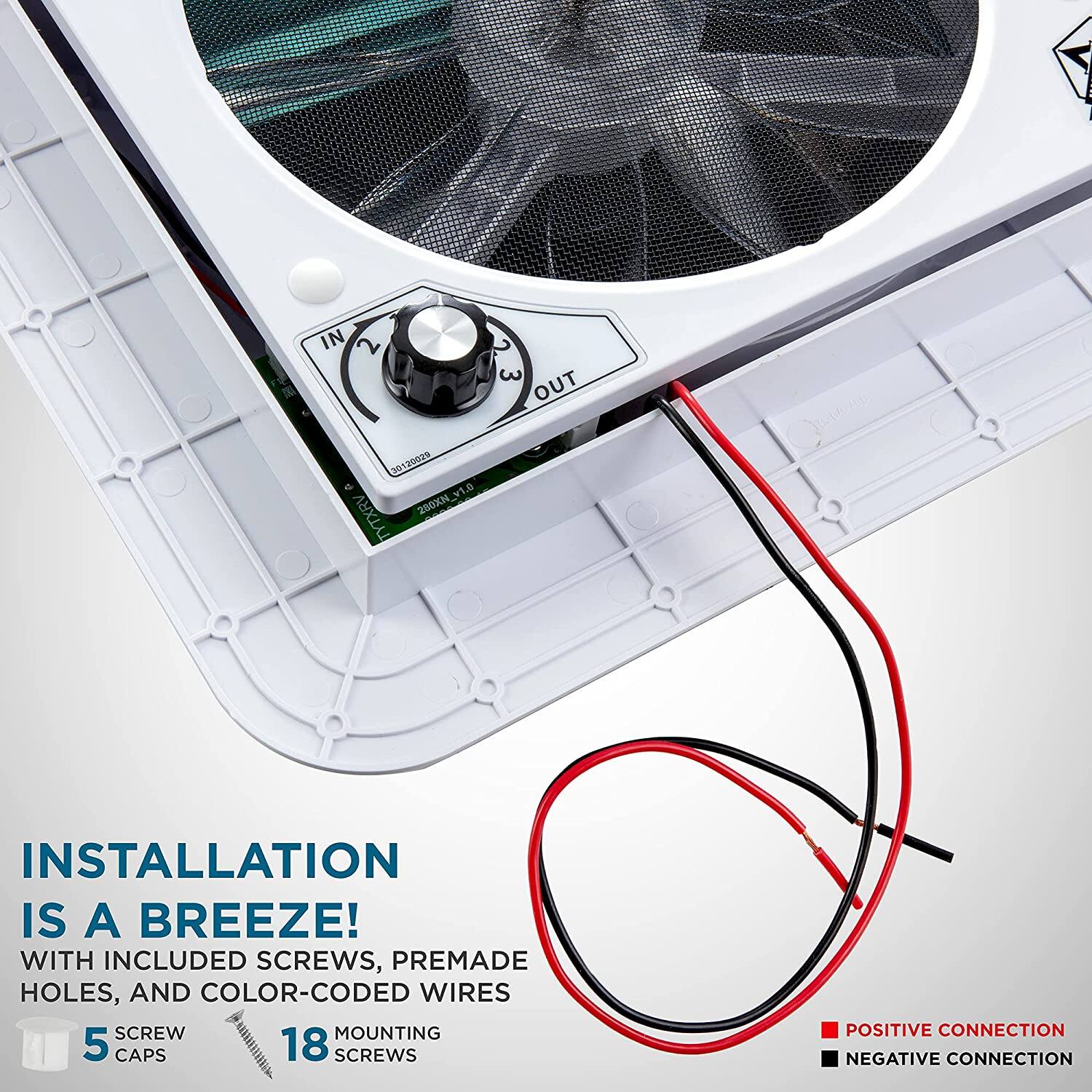 INSTALLATION IS A BREEZE! WITH INCLUDED SCREWS, PREMADE HOLES, AND COLOR-CODED WIRES SCREW MOUNTING 5 CAPS 18 SCREWS POSITIVE CONNECTION NEGATIVE CONNECTION