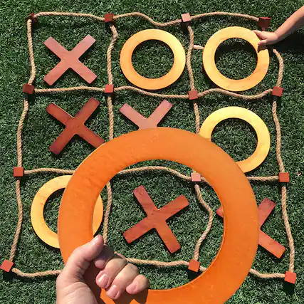 Front. Swooc Games - Giant Wooden Tic Tac Toe Game (All Weather) - 3ft x 3ft - Big Wood X & O Pieces with Rope Game Board - Tic Tac Toe Board - Brown.